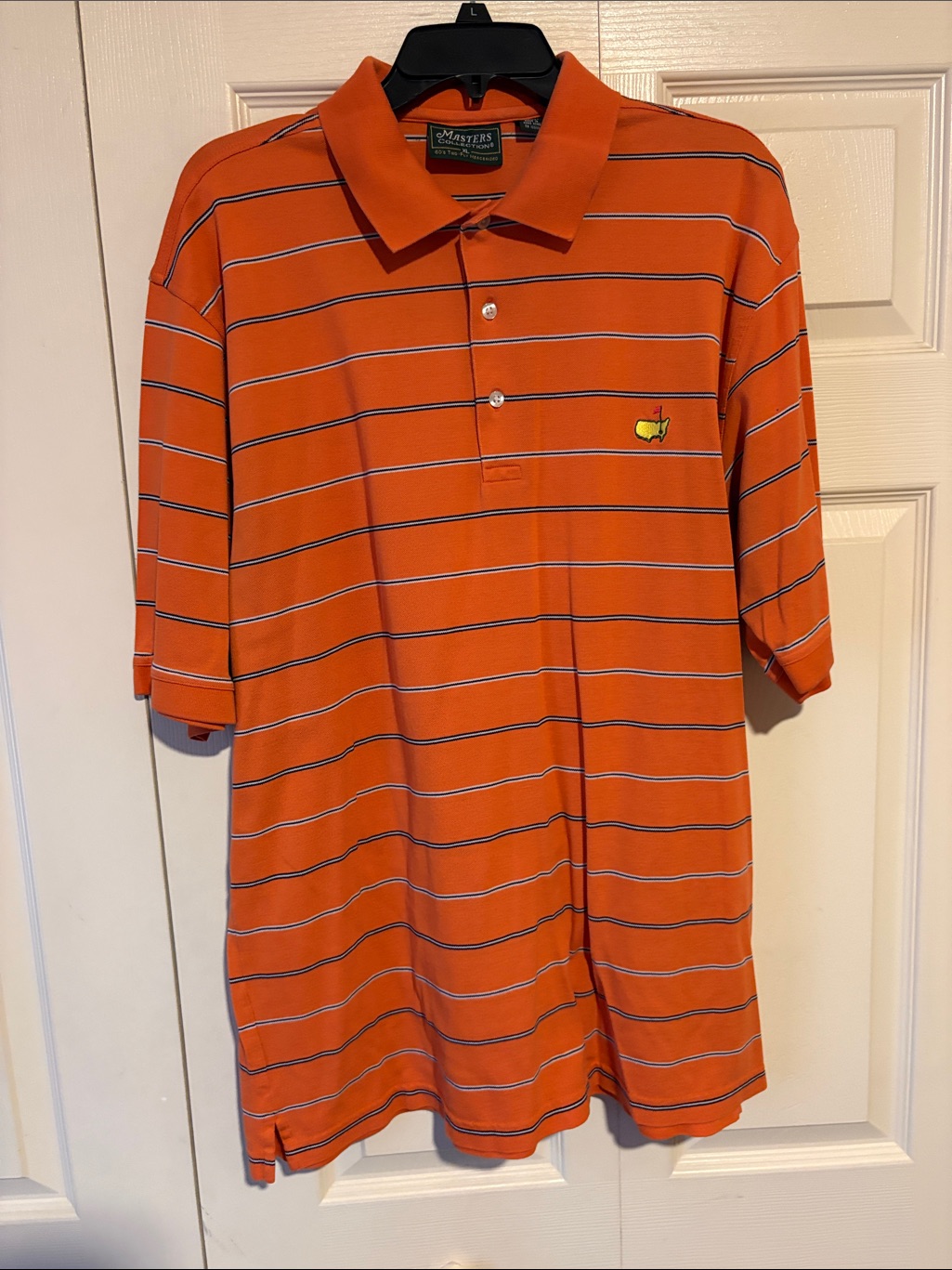 Masters Orange Polo With Thin Navy  White Stripes
